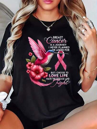 Camiseta de Lazo Rosa - Camiseta Casual de Manga Corta con Cuello Redondo, Camiseta de Verano Transpirable, Lavable a Máquina, Camiseta para Mujeres, Camiseta de Lazo Rosa, Camiseta de Ajuste Cómodo