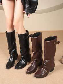 Women's Fashion Chunky Heel Knee-High Smooth Shaft Boots, Pointed Toe Buckle Straight Tube Leather Boots, Black Knee-High Slip-On Boots, Autumn/Winter - Black - View 5