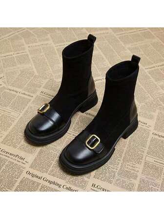 2025 Autumn New Fashion Round Toe Vintage Buckle Strap Short Boots, Black Classic Popular Thick Sole Fashionable Elastic Sock Boots, Versatile Skinny Boots, Boots, Elegant Dress Boots