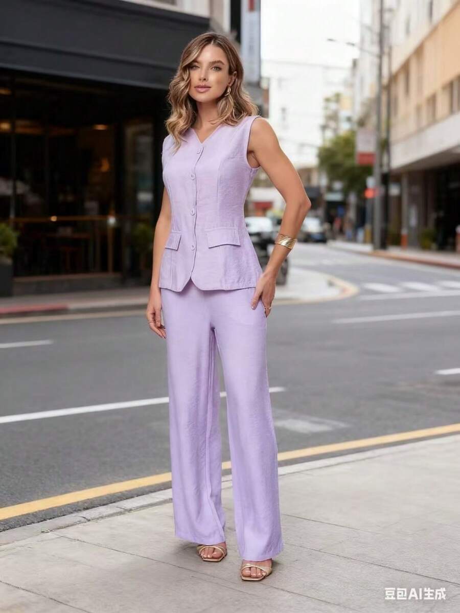 Sleeveless Vest And Wide Leg Linen Pants Set With Pockets And Buttons - 紫丁香色 - 查看 1