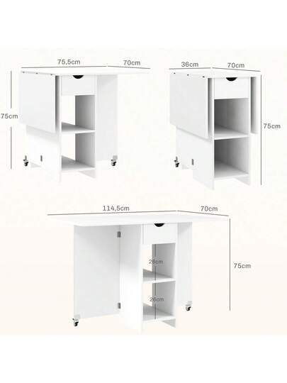 HOMCOM Folding Dining Table, Mobile Kitchen Tafel People Open Shelves, Drawer, Small Spaces, 114.5 70 75, Wit view 9