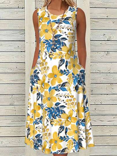 Women's Casual Comfortable Floral & Leaf Print Bohemian Knit Fabric Pocket Dress, Suitable For Beach & Holiday