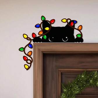 1个圣诞猫门角金属牌，铁艺节日圣诞老人圣诞门角装饰牌 - 彩色灯光和黑色金属圣诞快乐多色猫咪，圣诞角装饰，圣诞家居礼物，猫门顶饰