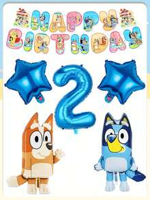 Bluey主题卡通生日派对用品铝膜气球套装横幅横幅气球，小狗生日派对装饰套装横幅横幅气球节日装饰用品，橙色挥手狗和蓝色站立狗，配18英寸蓝色星星，适合生日周年派对装饰 - 彩色 - 查看 3