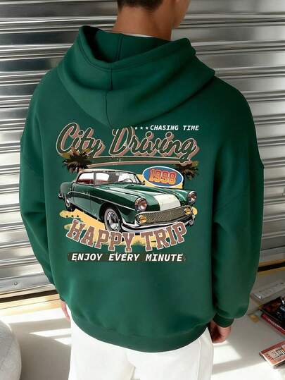 Teen Boy Street Fashion Vintage Car Pattern Printing Oversized Loose Long-Sleeved Hooded Sweatshirt, Suitable For Daily Wear, Party, School, Attending Music Festivals, Vacation, Commuting. Can Be Given As A Gift To Family
