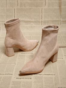 2-2.5英寸法式修身短靴，仿麂皮粗跟短靴，2025秋冬新款 - 米色 - 查看 4