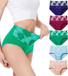 Women's Cotton High Waist Tummy Control Panties Jacquard Ladies Panty Multipack - Comfort - 簡訊 02 - 5 條裝 - 多種顏色 02 - 查看 10