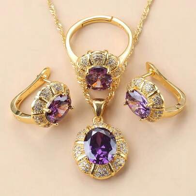 4PCS Vintage Luxury Top Quality Cubic Zirconia Earrings And Necklace Open Ring Bridal Wedding Party Fashion Jewelry Sets For Women Halloween, Christmas And New Year Gifts