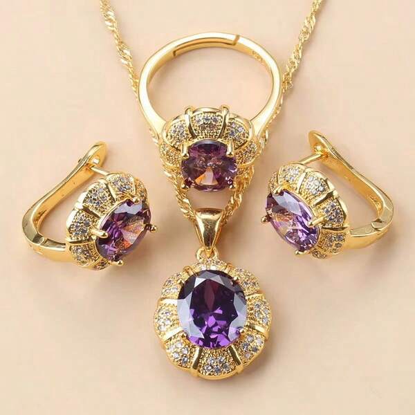 4PCS Vintage Luxury Top Quality Cubic Zirconia Earrings And Necklace Open Ring Bridal Wedding Party Fashion Jewelry Sets For Women Halloween, Christmas And New Year Gifts