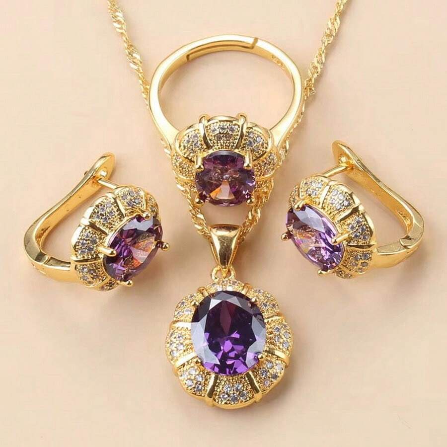 4PCS Vintage Luxury Top Quality Cubic Zirconia Earrings And Necklace Open Ring Bridal Wedding Party Fashion Jewelry Sets For Women Halloween, Christmas And New Year Gifts