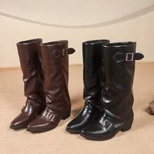 Women's Fashion Chunky Heel Knee-High Smooth Shaft Boots, Pointed Toe Buckle Straight Tube Leather Boots, Black Knee-High Slip-On Boots, Autumn/Winter - Black - View 11