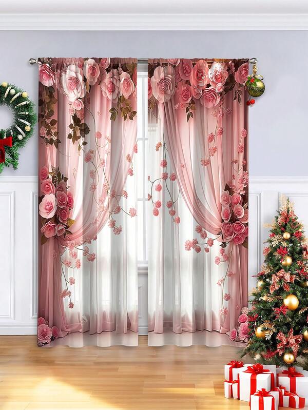 2PCS Christmas-Themed Brushed Fabric Digital Print Curtains, Light Luxury And Warm Style Design With Beige Sheer Curtains, Warm Lights, Snowy Window And Golden Decorations, Rod Pocket Installation, Semi-Transparent Polyester Fiber Material, Suitable For Living Room, Kitchen, Bedroom, Dining Room, Filling Your Home With Festive Atmosphere