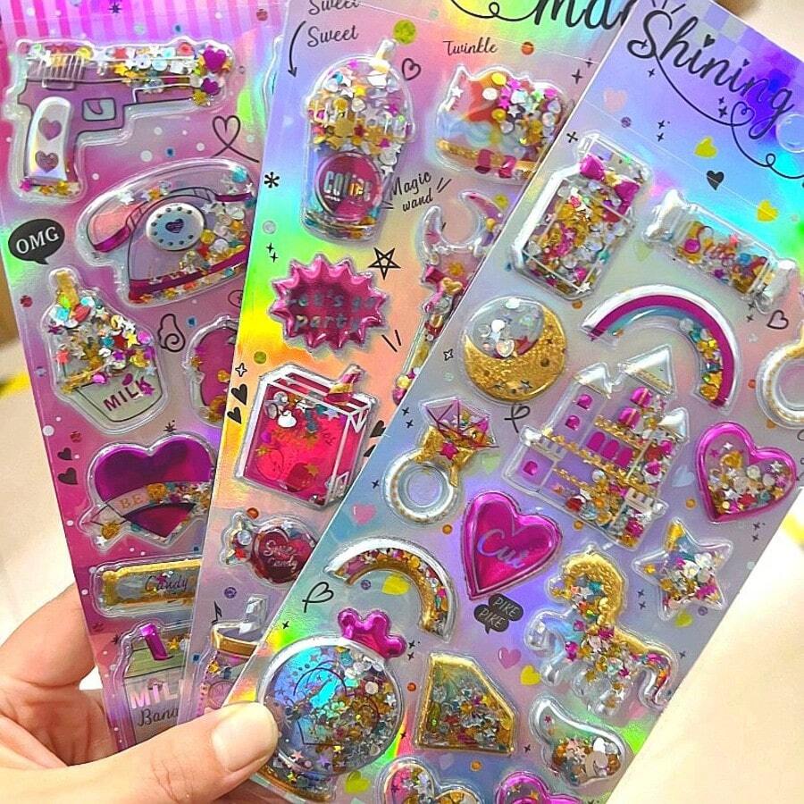 1pc/4pcs/12pcs Reusable 3D Stickers - Shiny Metallic Glitter Shaker Stickers, Suitable For Scrapbooking, Journals, Sticker Albums, Diaries, Envelopes, DIY Crafts, Cartoon Embossed 3D Stickers, Fun & Cute Crystal Design Stickers (Random Style) - Multicolor - View 1