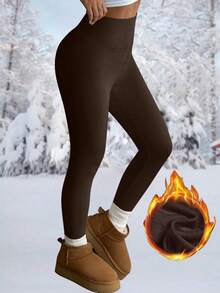 女士纯色高腰紧身裤，健身紧身裤，柔软瑜伽裤，女装，女士春季紧身裤 - 棕色 - 查看 3