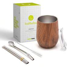 Modern Mate Cup And Bombilla Set Yerba Mate Cup - Yerba Mate Set Includes Double Walled 18/8 Stainless Steel Mate Tea Cup, Two Bombilla Mate Straw And A Cleaning Brush 12 Oz, Wood