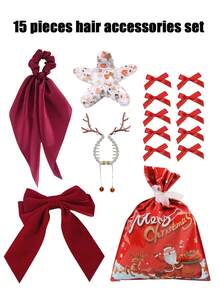 15 pièces Ensemble d'accessoires de cheveux de Noël pour femmes, comprenant 1 pièce de sac-cadeau du Père Noël et du renne, 1 pièce de barrette à ruban vintage, 1 pièce de chouchou en satin à long ruban, 1 pièce de pince à chignon avec pompon en forme de bois de renne de Noël, 1 pièce de pince à cheveux avec motif de chaussette de Noël, de Père Noël, de renne et de bonhomme de neige. Idées cadeaux, accessoires de cheveux de Noël, cadeaux de Noël, remplisseurs de bas de Noël pour adultes, accessoires de cheveux