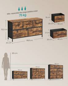 SONGMICS Cómoda, con 5 Cajones, Mueble de Almacenaje, Tela no Tejida, para Dormitorio, Recibidor y Salón, Marrón Rústico y Negro Tinta - Negro - Ver 5