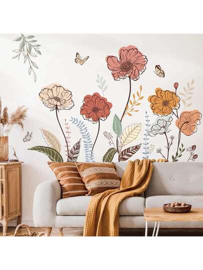 ملصقات جدارية بتصميم بوهيمي لزهور البرية - ملصقات زهرية لاصقة بألوان زاهية من الوردي والبرتقالي والأخضر لغرفة المعيشة والنوم وخلفية التلفاز - فن جداري بموضوع نباتات الأسلوب الساحلي، قطعة ديكورية جدارية - ملصقات جدارية ملونة، ملصقات جدارية بوهيمية لديكور الغرفة والمطبخ والمنزل