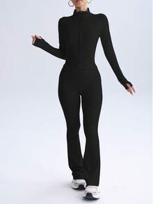 PinkTip Pink Tip 女士纯色无缝弹力夹克和紧身裤运动套装，提臀修身柔软裤，休闲运动服，适合日常、健身、跑步、瑜伽、普拉提 - 黑色 - 查看 4