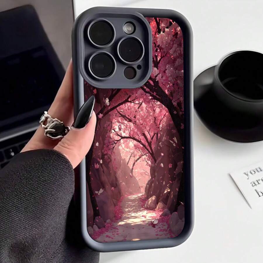Cubierta de teléfono con borde negro diseño de cerezo en flor camino rosado para iPhone 14 Pro Max estilo japonés elegante para uso diario y regalo - Café integral - Ver 1