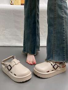 （尺码偏小）女士圆头搭扣平底防滑透气休闲凉鞋 - 杏色 - 查看 5