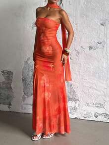 WOWDARK Women's Autumn Fashion Sexy Strapless Ribbon Mesh Printed Dress - Orange - View 4