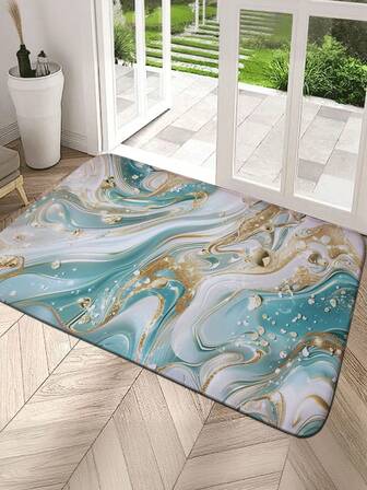 1件装蓝金大理石纹流动艺术门垫，1厘米厚长方形地毯，适用于浴室入口，无异味吸水防滑垫，户外门垫，装饰地毯，入口鞋底刮泥垫，泡沫垫，适用于客厅、卧室、厨房、室内入口