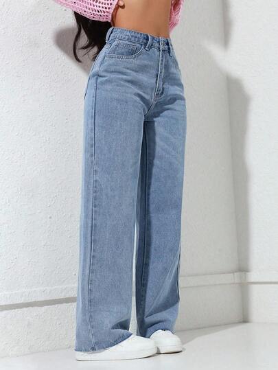 Vaqueros de cintura alta y pierna ancha para mujer, corte informal largo con bolsillos, cierre de botón y cremallera.