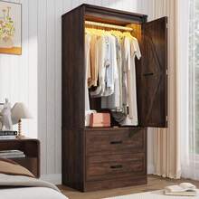 Farmhouse 2 Doors Armoire Wardrobe Closet W/Folding Sliding Barn Door And Lights, LED Armoire Closet W/Drawers For Bedroom, Freestanding Wooden Wardrobe Storage Closets W/Hanging Rod - màu nâu - Xem 1