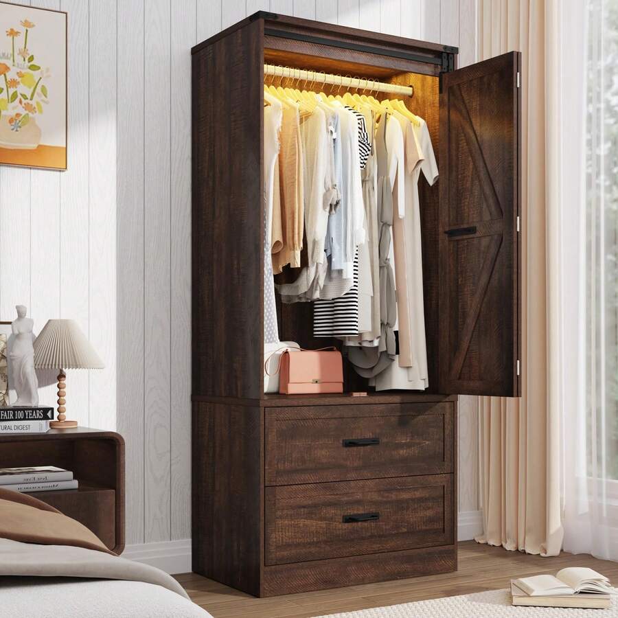 Farmhouse 2 Doors Armoire Wardrobe Closet W/Folding Sliding Barn Door And Lights, LED Armoire Closet W/Drawers For Bedroom, Freestanding Wooden Wardrobe Storage Closets W/Hanging Rod - màu nâu - Xem 1
