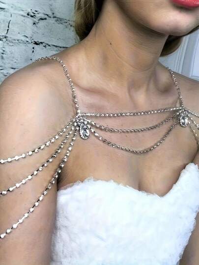 1pc Romantic Bridal Wedding Bling Teardrop Pendant Shoulder Chain, Sexy Rhinestone Tassel Necklace Dress Accessory For Women