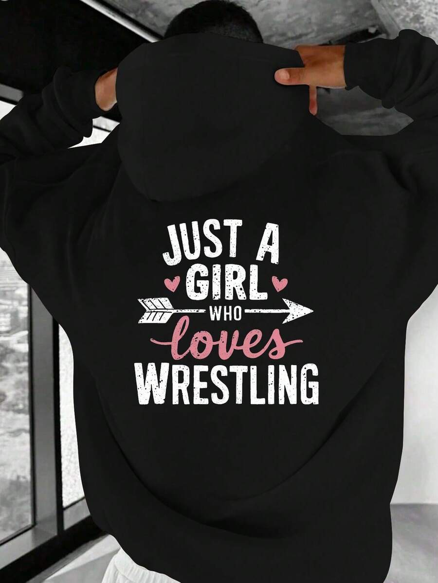 Sudadera con capucha de talla para hombres - JUST A GIRL WHO LOVES WRESTLING, suéter con patrón, ropa de fan de lucha libre verde oscuro, ajuste holgado con impresión en la espalda, camiseta de lucha libre lavable aáquina JPH-9, ropa para entusiastas del deporte, ropa llamativa y audaz, suéter cómodo, talla - Negro - Ver 1