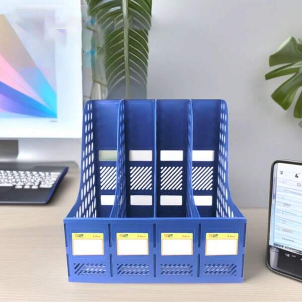 1pc 4-Tier Gray Desktop Organizer - Multifunctional Plastic File Folder Rack Storage, Suitable For Office, Living Room - Unfinished Documents, Books, Magazines, File Sorter - Space Saving, Improve Efficiency