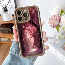 Cubierta de teléfono con borde negro diseño de cerezo en flor camino rosado para iPhone 14 Pro Max estilo japonés elegante para uso diario y regalo - Café integral - Ver 7