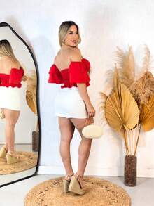 Women's Short, Off-The-Shoulder Tank Top With Gathered Hem And Cutout Shoulder Sleeves, Highly Stretchy Fabric, Summer Fashion. - 紅色 - 查看 4