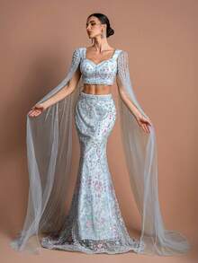 GIFORU Elegant Sweetheart Neck Sheer Flare Midi Dress, Decorated With Floral Embroidery And Pearls, Perfect For Party Occasions - Mint Blue - View 9