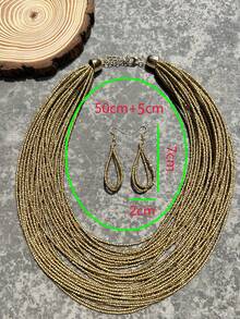 Beaded Layered Necklace & Drop Earrings - Yellow Gold - View 5