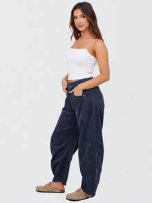 Women's Corduroy Pants Barrel Mid-Rise Elastic Waist Cord Pants Casual Wide Leg Baggy Trouser With Pockets - 藏蓝色 - 查看 4