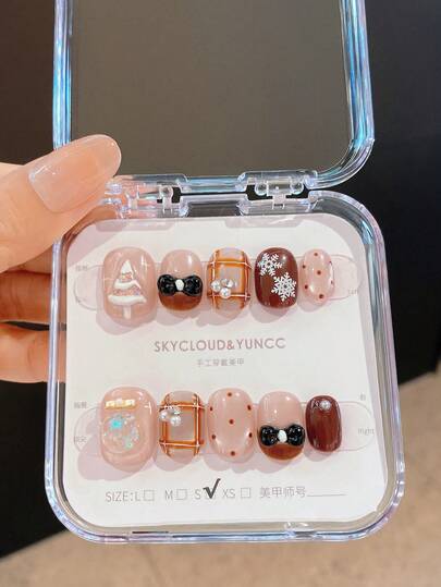 10 件手工制作、指甲、按压指甲、秋冬指甲、圆形指甲、秋季指甲、按压指甲、短按压指甲、假指甲、短指甲、按压指甲丙烯酸、手工按压指甲、可拆卸和可重复使用