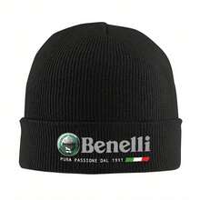 1pc Benelli Motorcycle Logo Knitted Beanie - Acrylic Warm Winter Hat For Men & Women, Black With Green & White Stripe, Logo Embroidery, Hand Wash Only, Winter Headwear| Stylish Beanie| Textured Knit Cap, Beanie Hats, Without Battery - màu đen - Xem 1
