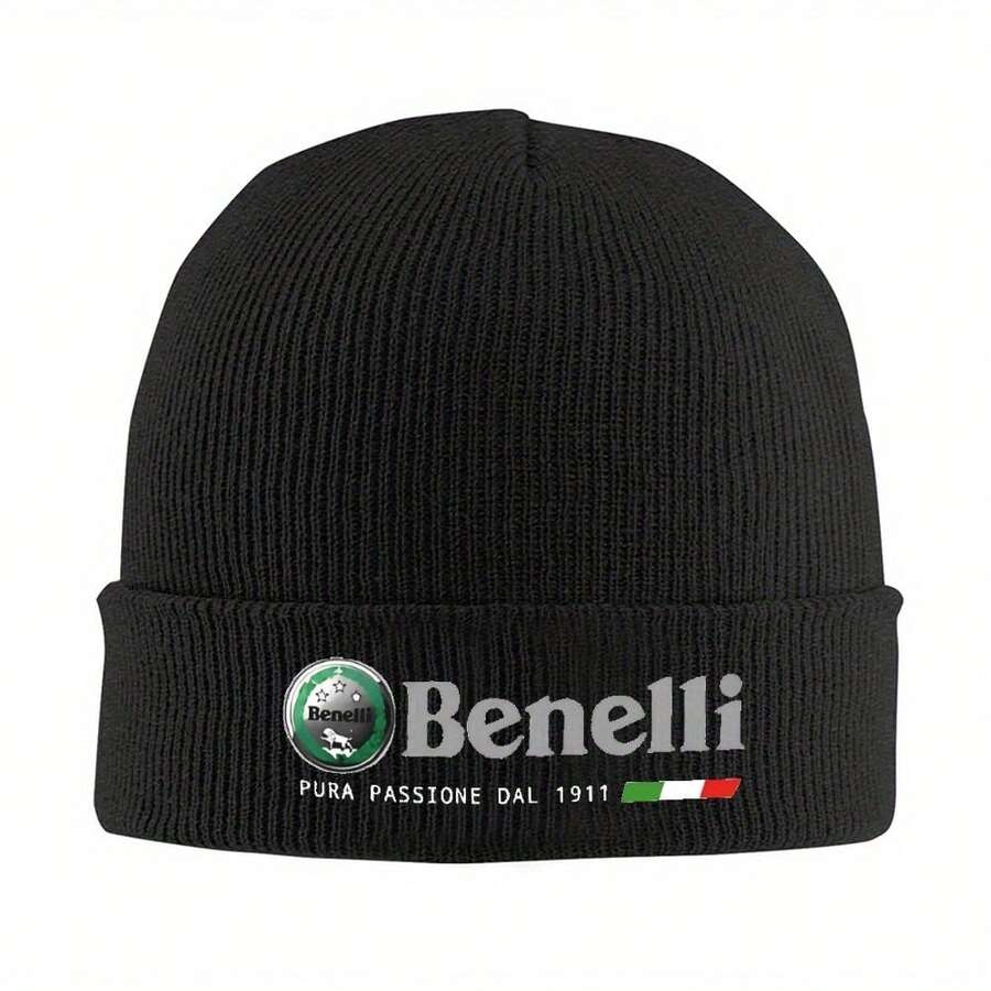 1pc Benelli Motorcycle Logo Knitted Beanie - Acrylic Warm Winter Hat For Men & Women, Black With Green & White Stripe, Logo Embroidery, Hand Wash Only, Winter Headwear| Stylish Beanie| Textured Knit Cap, Beanie Hats, Without Battery - màu đen - Xem 1