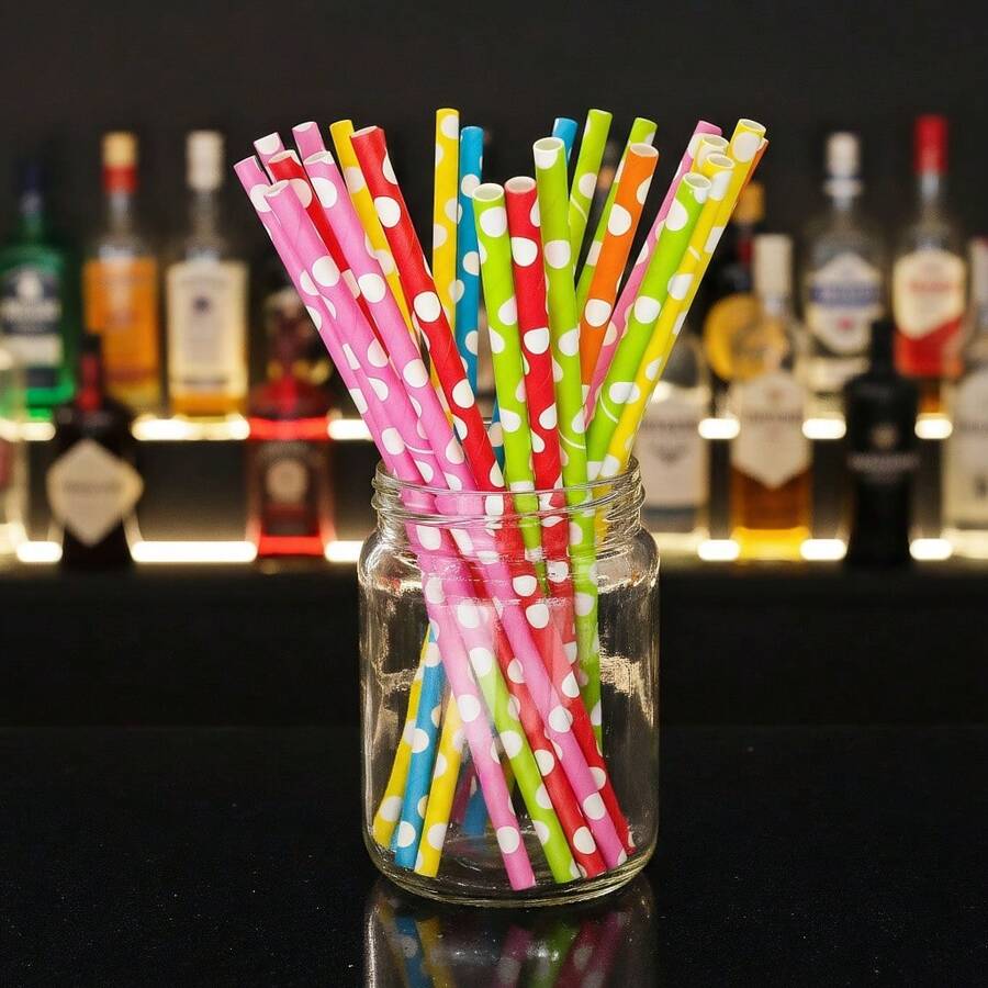 100 6x197mm Mixed Color White Polka Dot Disposable Paper Straws, Thick And Odorless, Suitable For Festivals/Parties/Gatherings/Weddings/Birthday Parties, And Can Also Be Used To Make Handmade Works For Children/Students