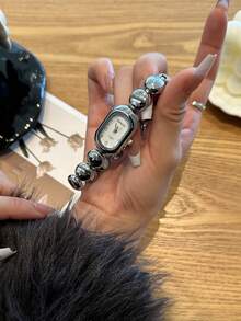 1 件椭圆形竹节表带女士手表，可调节金色表带，优雅百搭的石英腕表，适合日常佩戴，是理想的日常搭配礼物。 - 銀色 - 查看 1