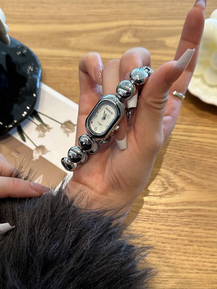 1 件椭圆形竹节表带女士手表，可调节金色表带，优雅百搭的石英腕表，适合日常佩戴，是理想的日常搭配礼物。 - 銀色 - 查看 1