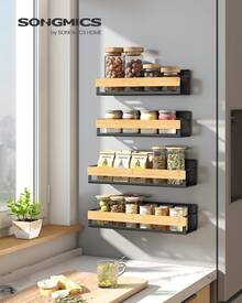 SONGMICS Especiero Magnético, Juego de 4, 2 Estantes Grandes y 2 Pequeños, sin Taladrar, para Cocina, Frigorífico, Negro Tinta y Bambú Claro - Multicolor - Ver 2