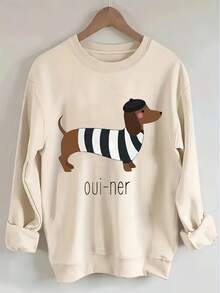 Women's White Dachshund In Striped Shirt & Oui Ner Graphic Casual Sweatshirt - Soft Light Beige-Friendly Fabric, All-Season Round Neck Pullover, Machine Washable Funny Dog Lover Apparel For Casual Attire - 杏色 - 查看 5