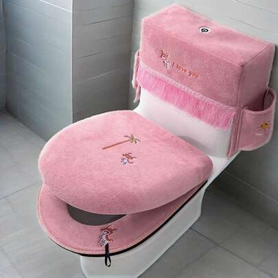 3Pcs Toilet Seat Cover Set Zippered Cute Animal Embroidered Soft Fleece Toilet Tank Lid Cover And Seat Pads