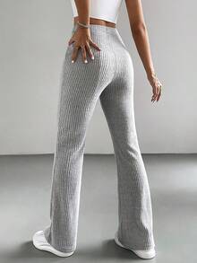 Novedades en moda femenina: pantalones casuales elásticos de cintura alta, sencillos, de color liso, con ribetes y corte ajustado, ligeramente acampanados, nuevo estilo para primavera/otoño, pantalones acampanados, pantalones casuales de color liso para mujer, de punto acanalado, pantalones ajustados versátiles y a la moda. - Gris - Ver 2