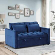 3 In 1 Convertible Sleeper Sofa Bed, Modern Velvet Loveseat Couch Pullout Bed For Living Room, Small Love Seat Lounge Sofa With Reclining Backrest, Pillows And Side Storage Pocket - Màu xanh lam - Xem 2