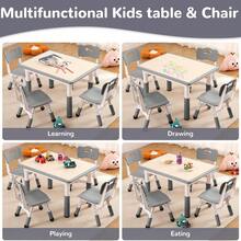 Conjunto de mesa y 4 sillas para niños, escritorio con altura ajustable para edades de 2 a 8 años, mesa para arte y manualidades, escritorio con grafiti, patas antideslizantes, capacidad máxima de 300 lbs, mesa multiactividades infantil para aulas, guarderías y hogar. - Gris - Ver 8